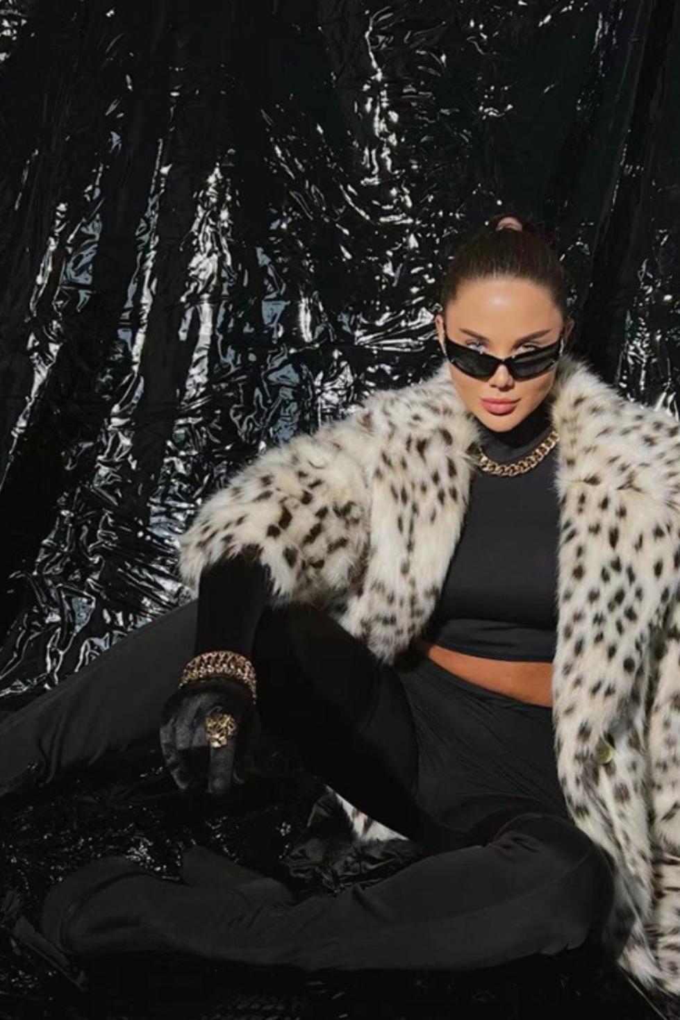 Leopard Faux Fox Fur Notched Lapel Belted Long Overcoat - Fashionpara