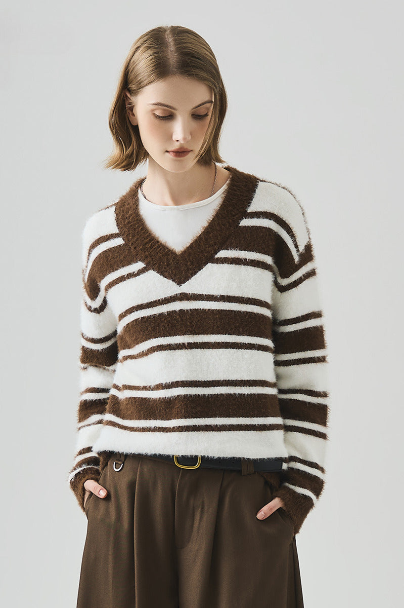 PrincessAce Striped V Neck Long Sleeve Knit Sweater