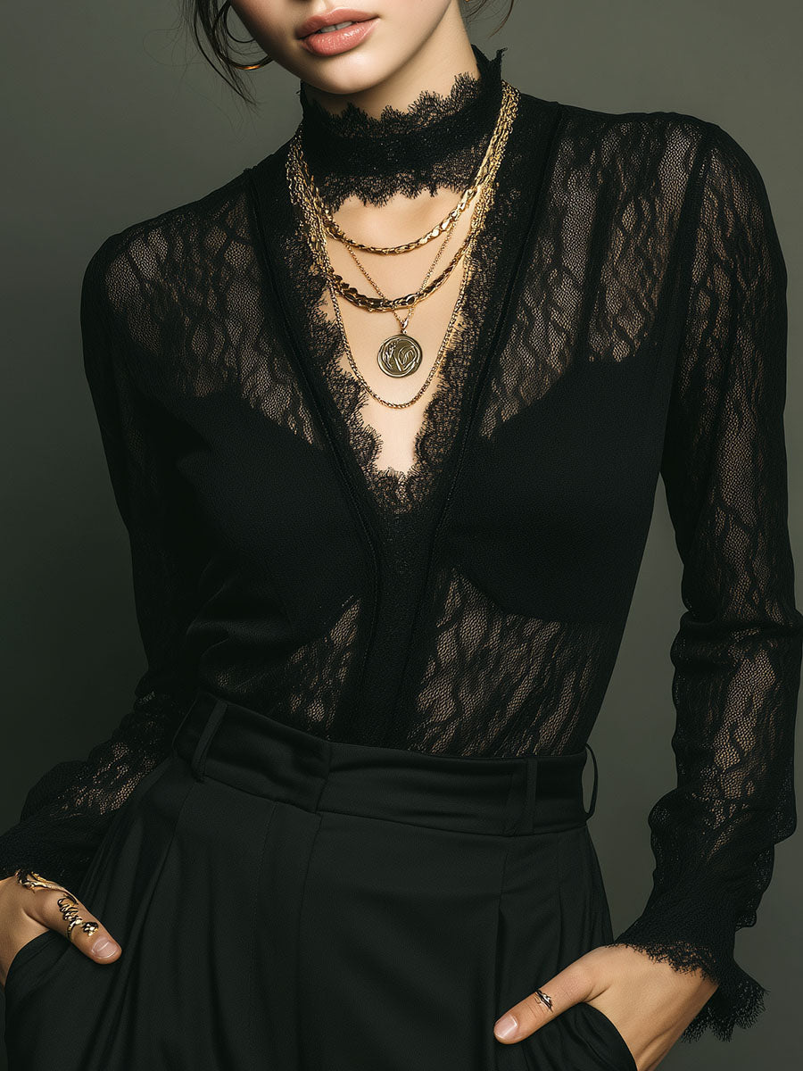 Sheer Black Lace Deep V Blouse – Vintage Gothic Long Sleeve Shirt With Scalloped Trim - Fashionpara