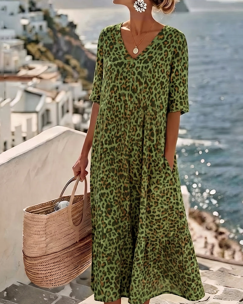 Leopard Print V-Neck Short Sleeve Tiered Midi Dress 2