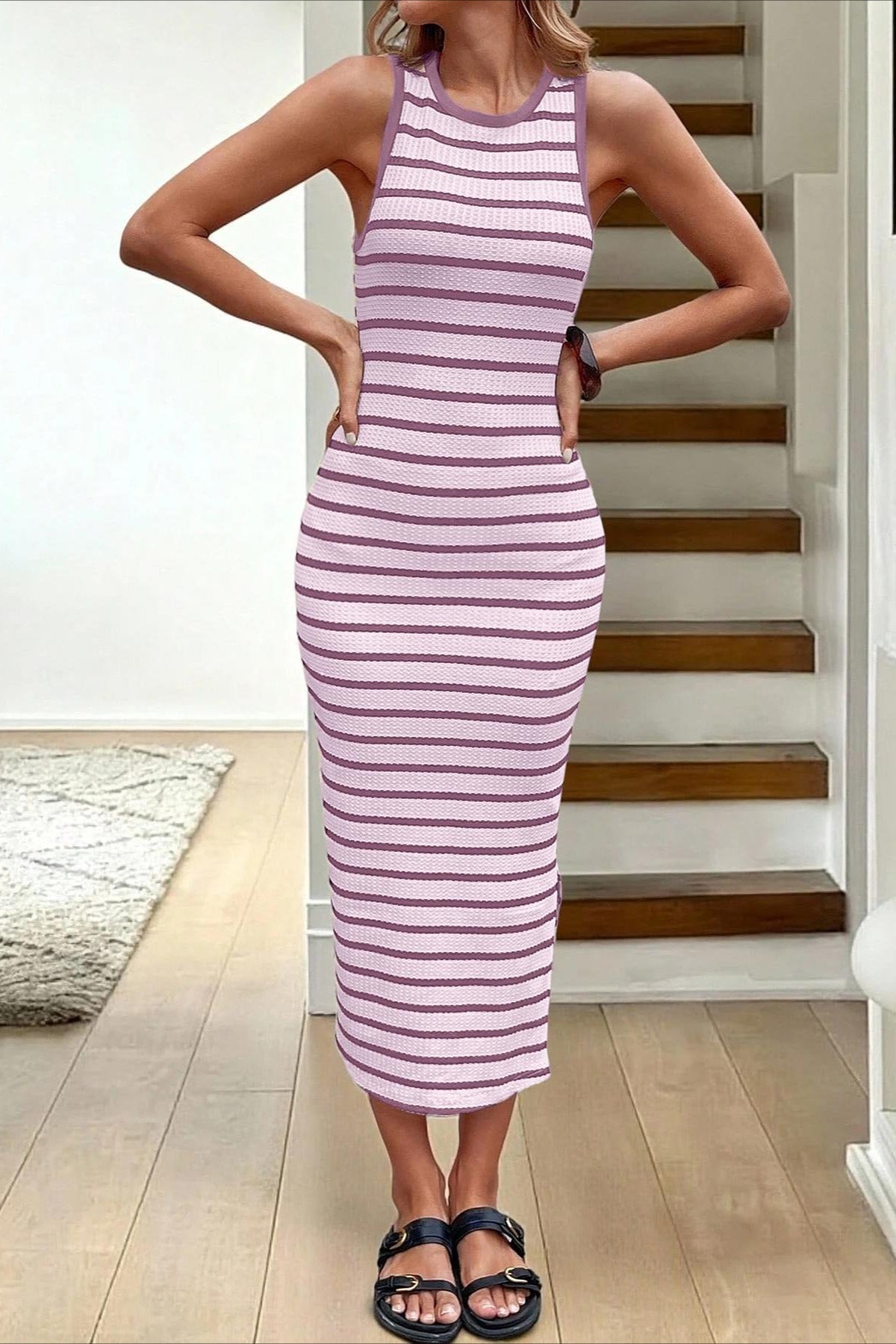 Striped Knit Sleeveless Bodycon Maxi Dress