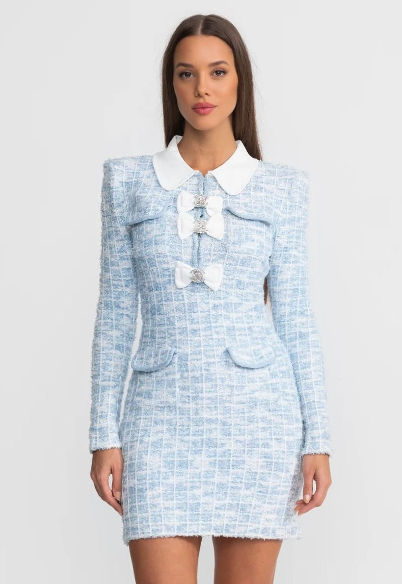 Tweed Long Sleeve Contrast Collar Crystal Bow Mini Dress - View 4