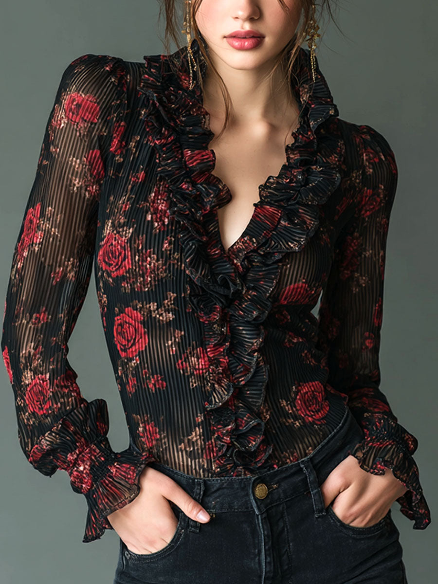 Romantic Ruffled Black Rose Floral Print Blouse - Fashionpara