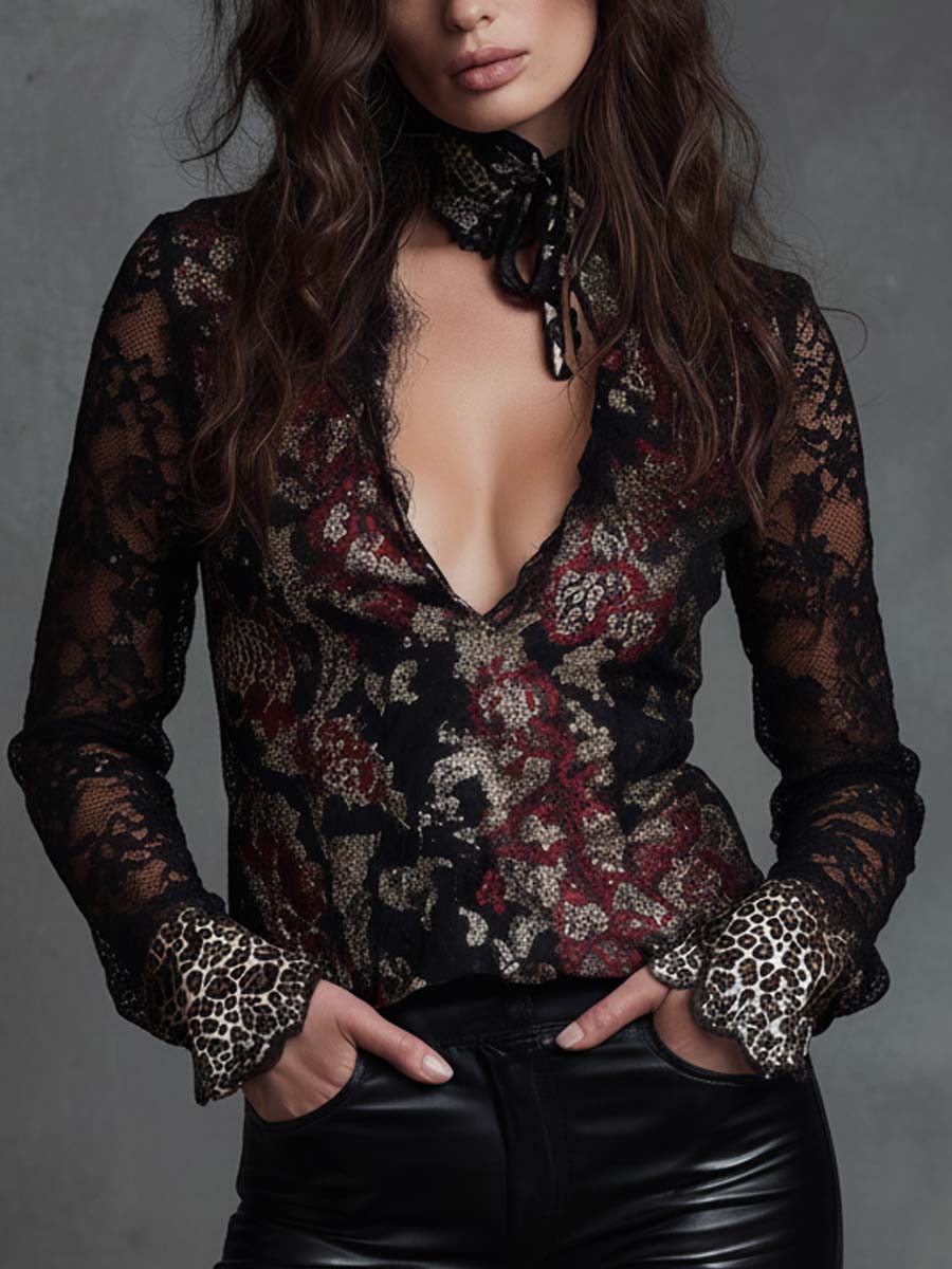 Velvet Floral Print Lace Blouse