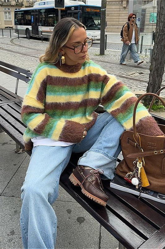 Colorful Striped Slouchy Crewneck Knit Sweater from PrincessAce