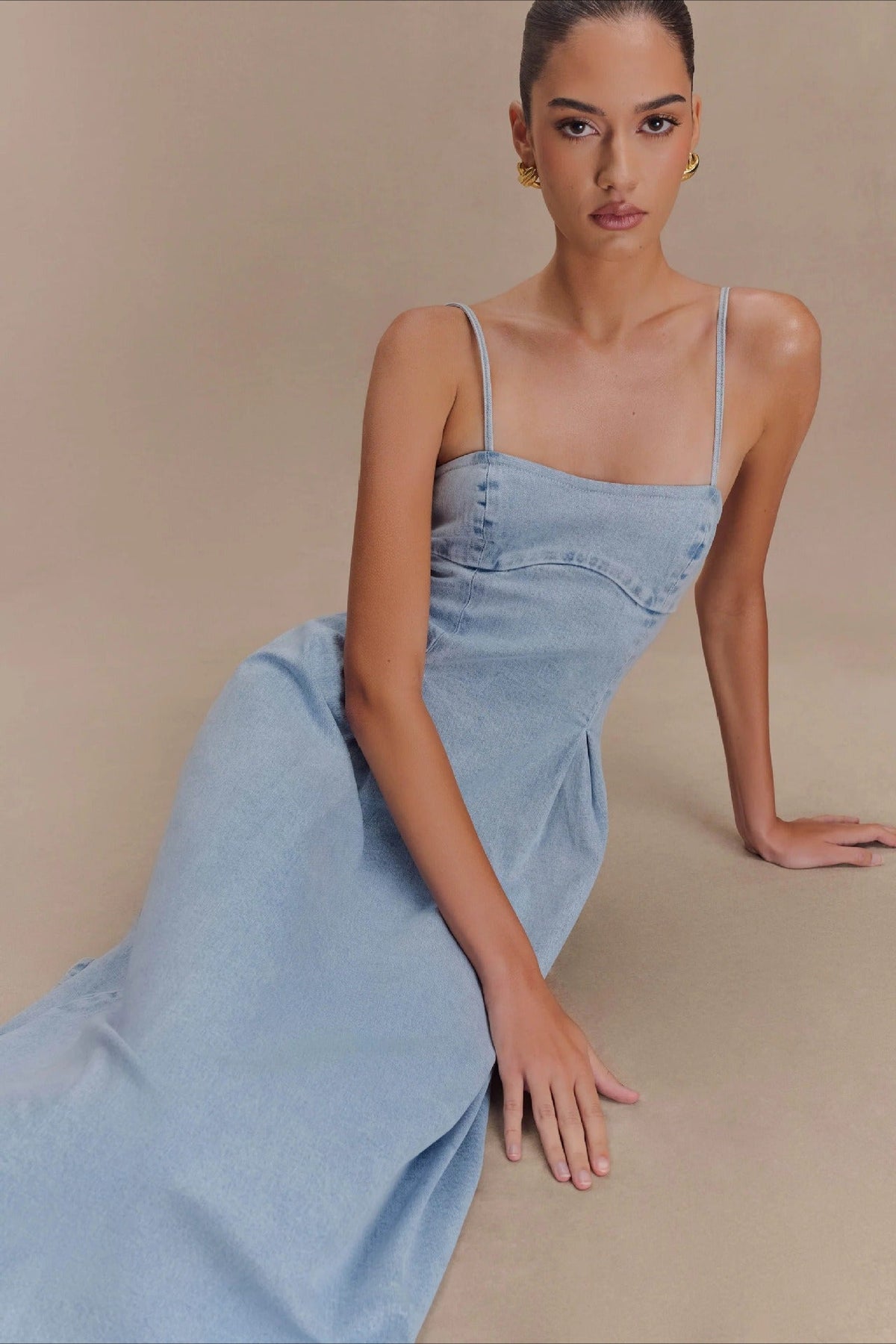 Denim Spaghetti Strap Pleated A-Line Midi Dress 4