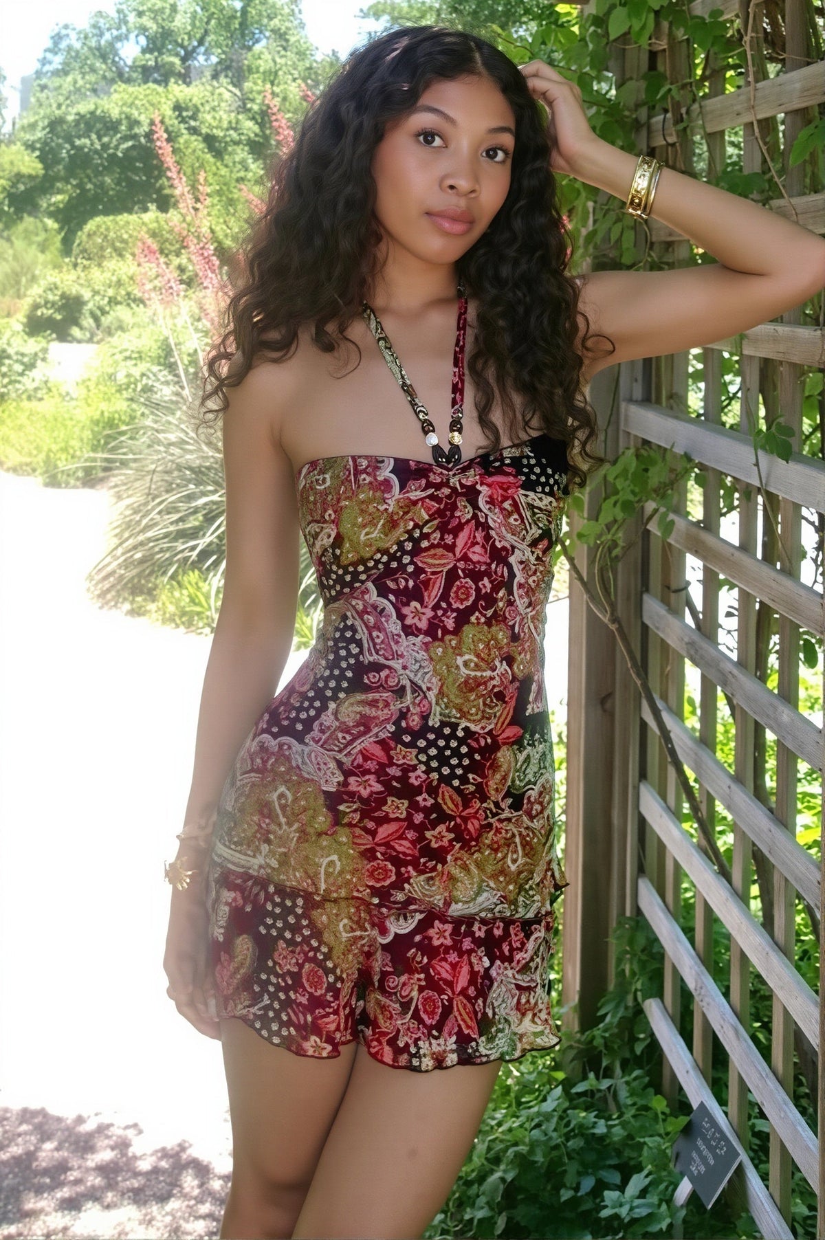 Paisley Print Strapless Tiered Mini Dress