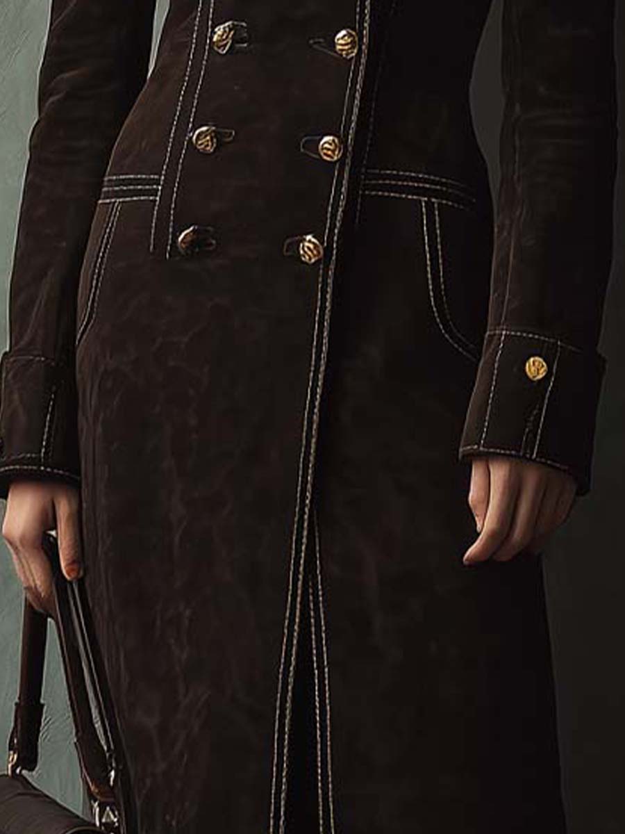 Vintage Dark Brown Eco-Suede Coat With Faux Fur Collar And Contrast Stitching - Fashionpara