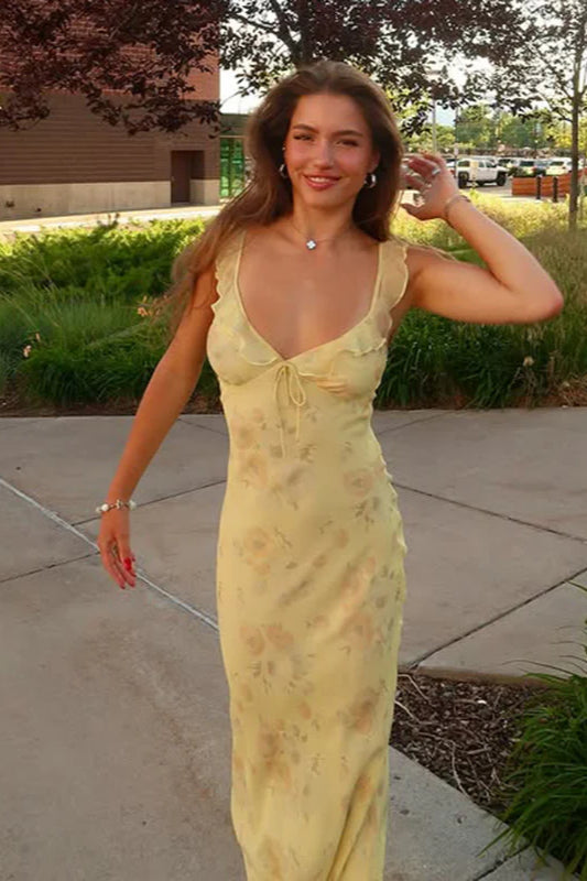 Floral Ruffle Strap Ruffled Sleeve Maxi Dress