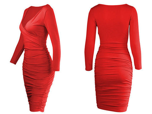 Deep V-Neck Long Sleeve Ruched Bodycon Midi Dress - View 9