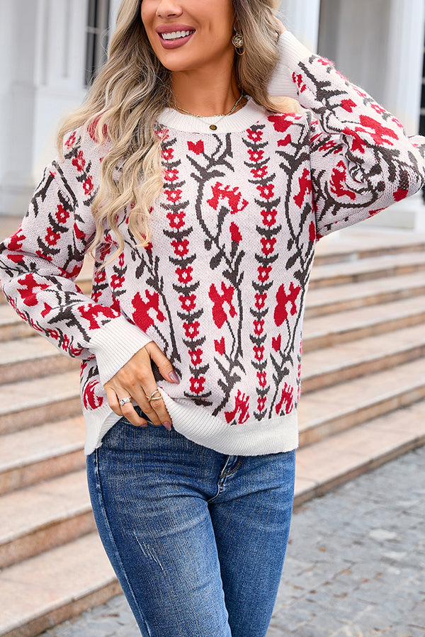 Lady Rin Floral Knitted Crew Neck Sweater for Casual Elegance