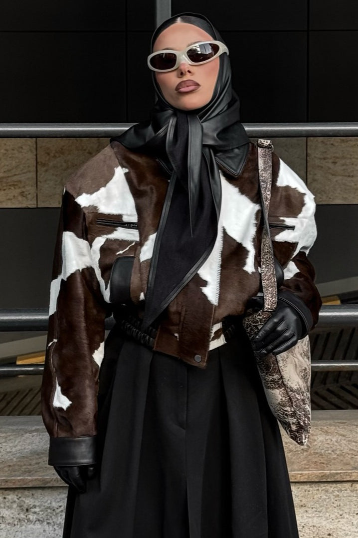 Cow Print Faux Leather Notch Collar Coat for Chic Style