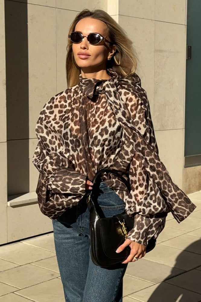 Leopard Print Tie Neck Blouse - Fashionpara