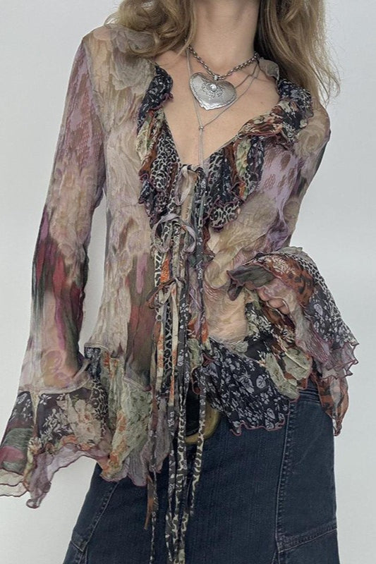 Vintage Print Contrast Mesh Tie Blouse