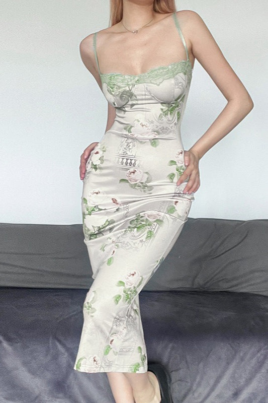 Floral Satin Spaghetti Strap Lace Trim Ruched Midi Dress - View 5