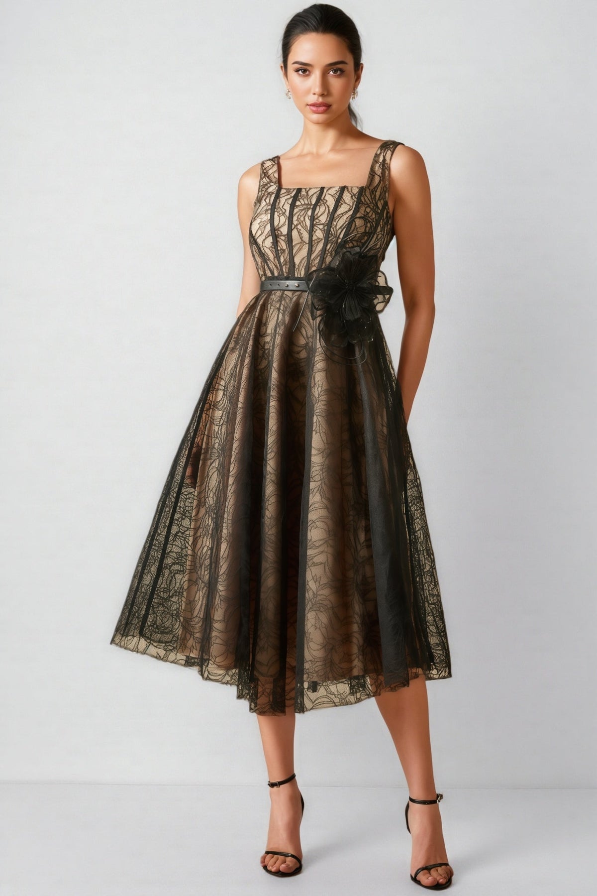 Floral Lace Square Neck Fit and Flare Midi Dress