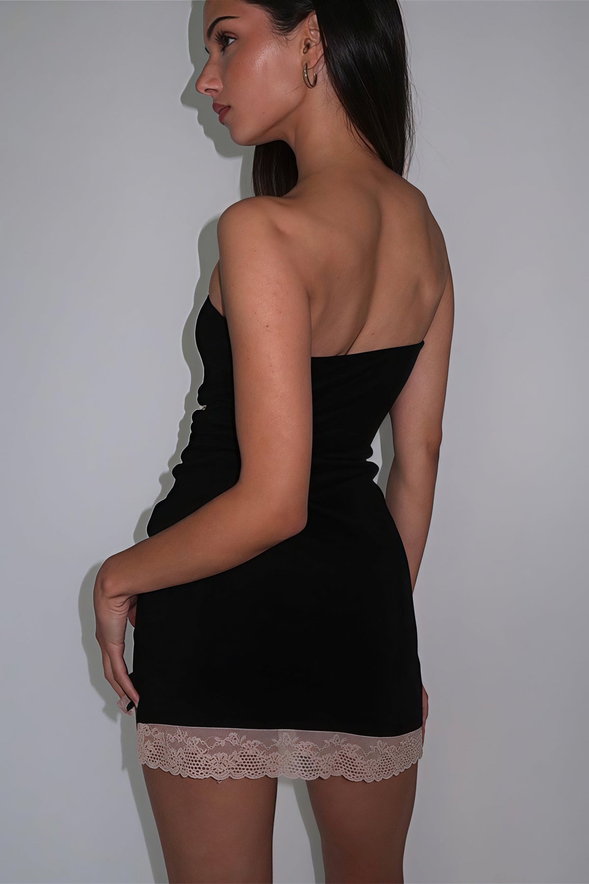 Strapless Bow Front Lace Trim Hem Mini Dress