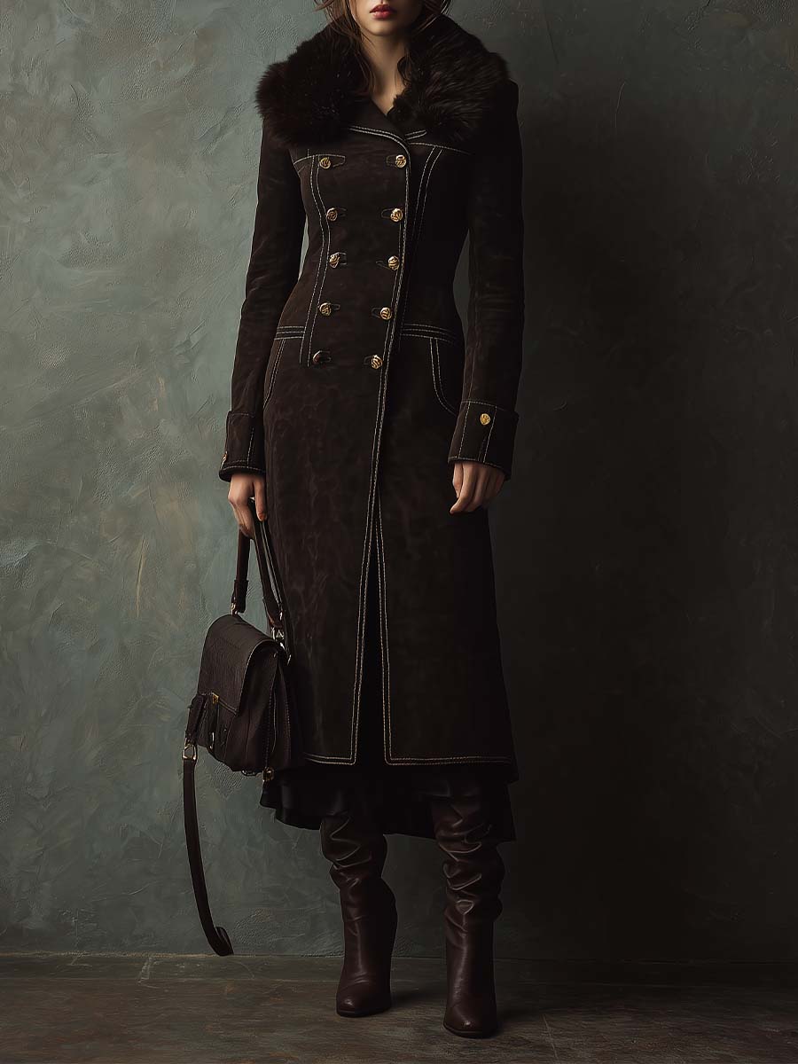 Vintage Dark Brown Eco-Suede Coat With Faux Fur Collar And Contrast Stitching - Fashionpara