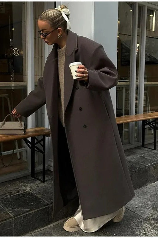 Chic Solid Color Double-Breasted Long Overcoat for Elegance