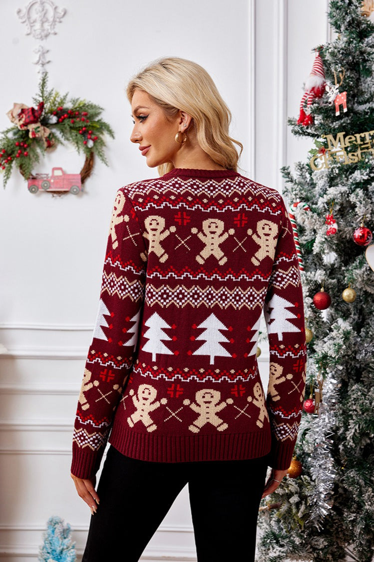 Cozy Color Block Gingerbread Man Print Sweater