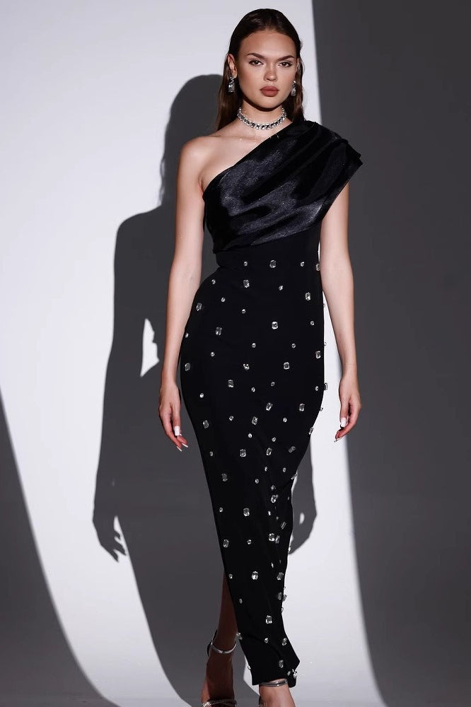 Luxury Asymmetrical Shoulder Rhinestone Bandage Formal Dress