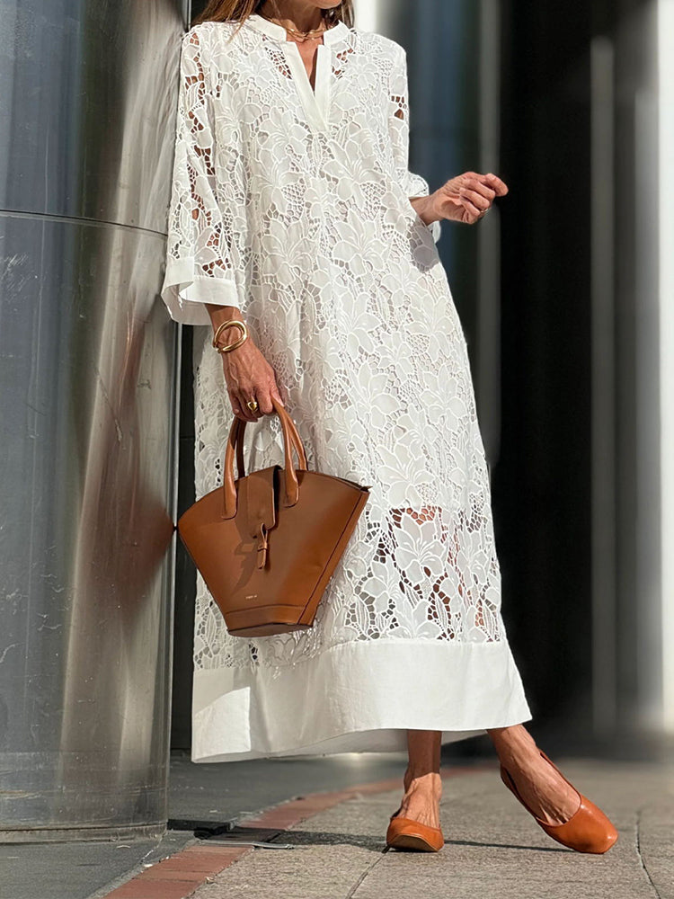 Eyelet Lace Long Sleeve Standing Collar Wide Hem Band Maxi Dress - View 2