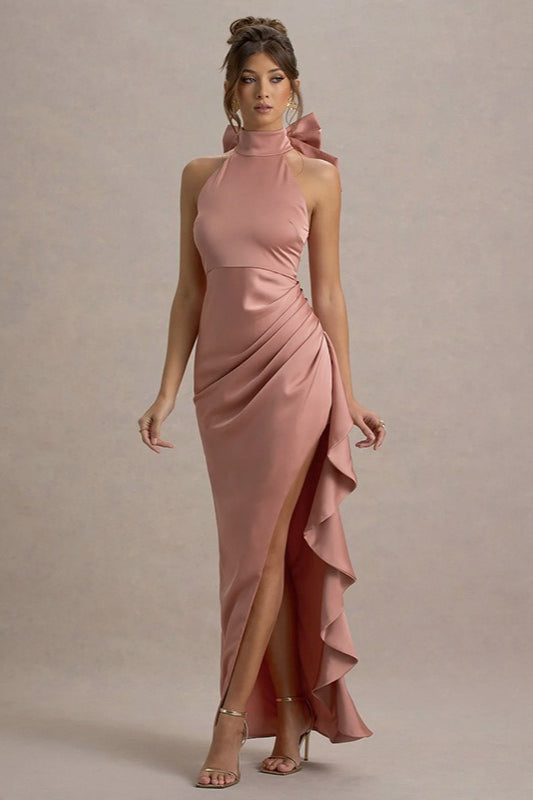 Satin High Neck Bow Back Ruched Ruffle High Split Gown - View 4