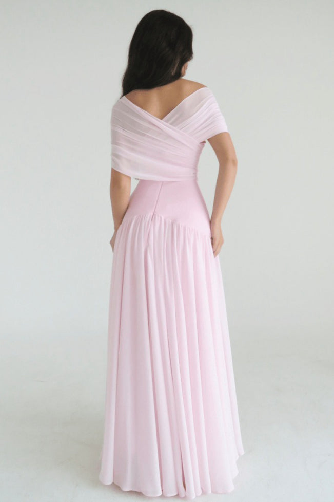 Chiffon Off Shoulder Pleated A-Line Maxi Gown 5