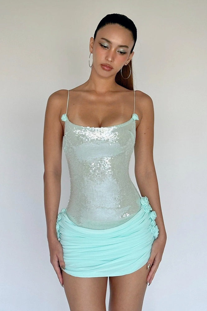 Sequin Spaghetti Strap Ruched Rosette Bodycon Mini Dress - View 4