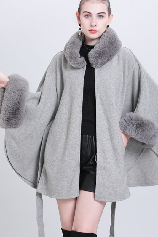 Fur Collar Tie Knitted Cardigan Loose Wool Blend Cape Coat