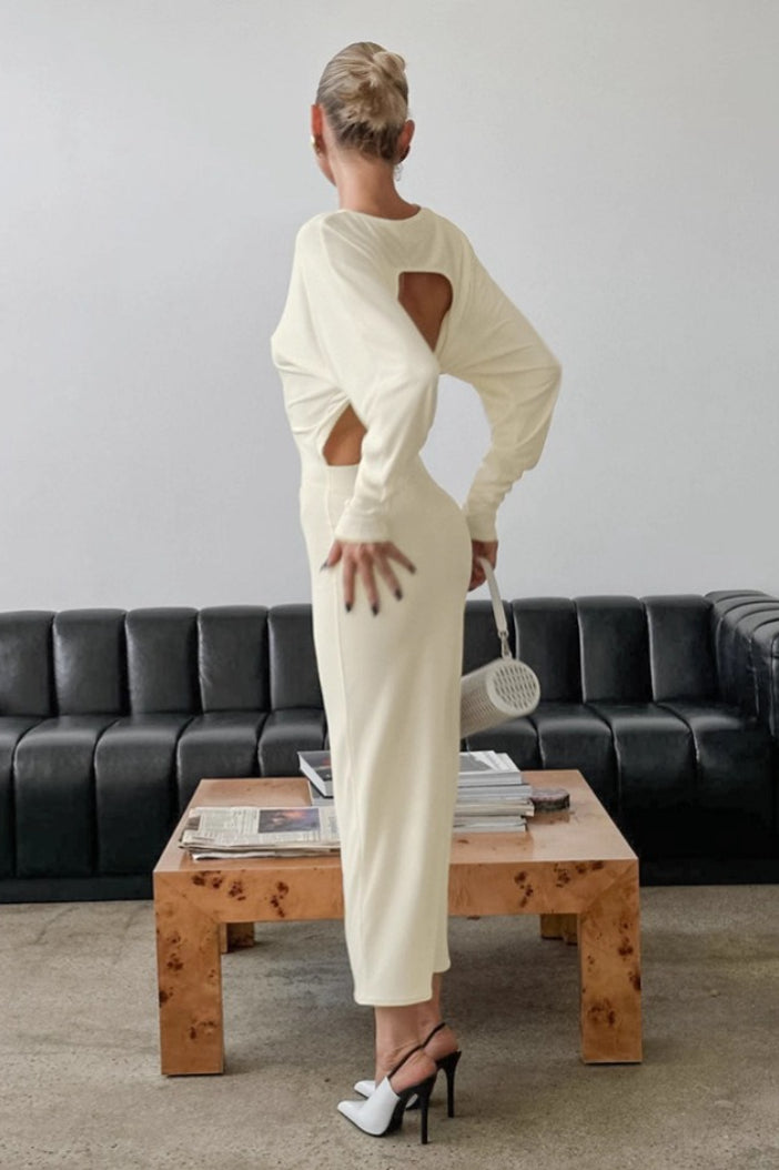 Boat Neck Long Sleeve Draped Cold Shoulder Midi Dress