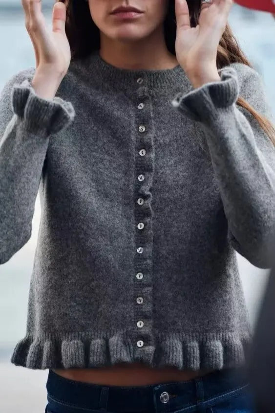 Single Breasted Ruffled Round Neck Cardigan