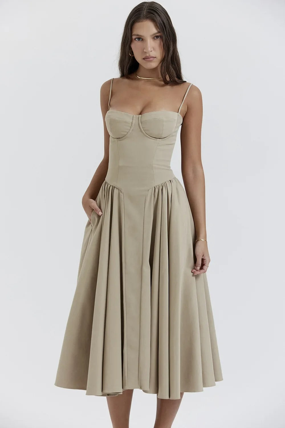 Spaghetti Strap Corset Bodice Pleated Fit and Flare Midi Dress 27