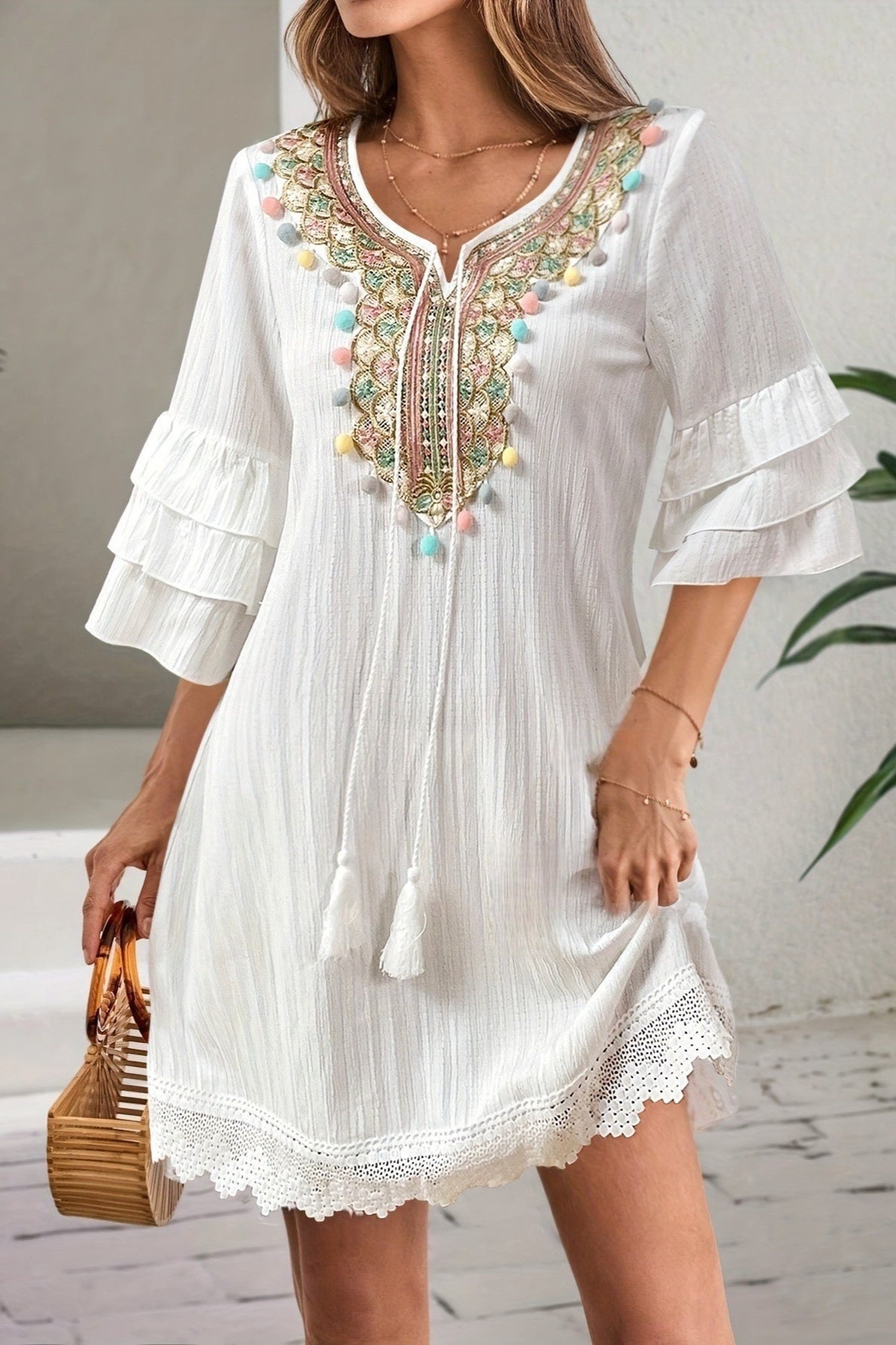Embroidered Tassel Tiered Sleeve Mini Dress