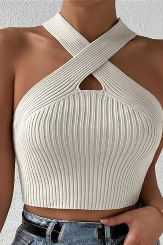 Knit Cross Neck Crop Top - Fashionpara
