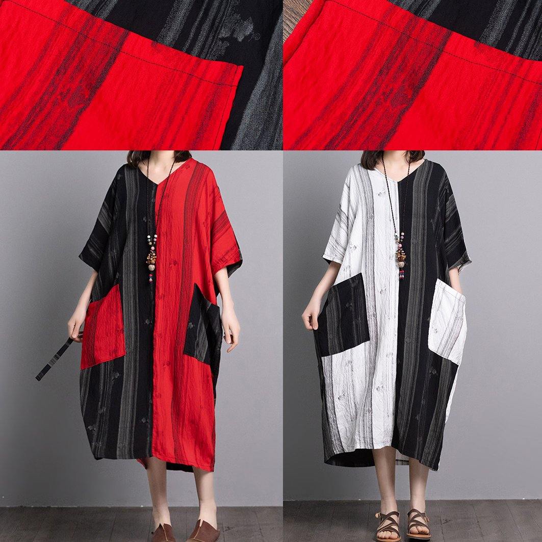 V-Neck Short Sleeve Contrast Patch Pocket Vertical Midi Dress - View 5