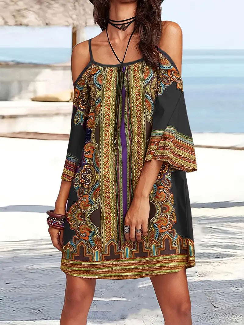 Cold Shoulder Spaghetti Strap Bell Sleeve Shift Mini Summer Dress