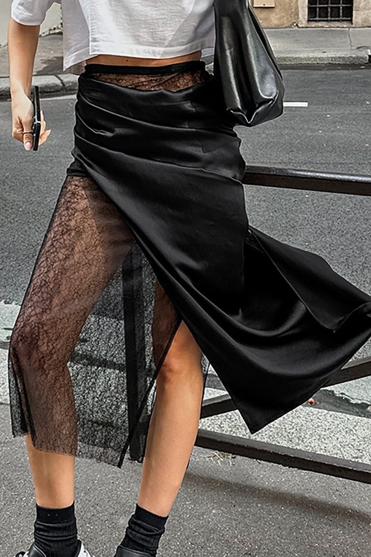 Asymmetric Polka-Dot Lace Midi Skirt