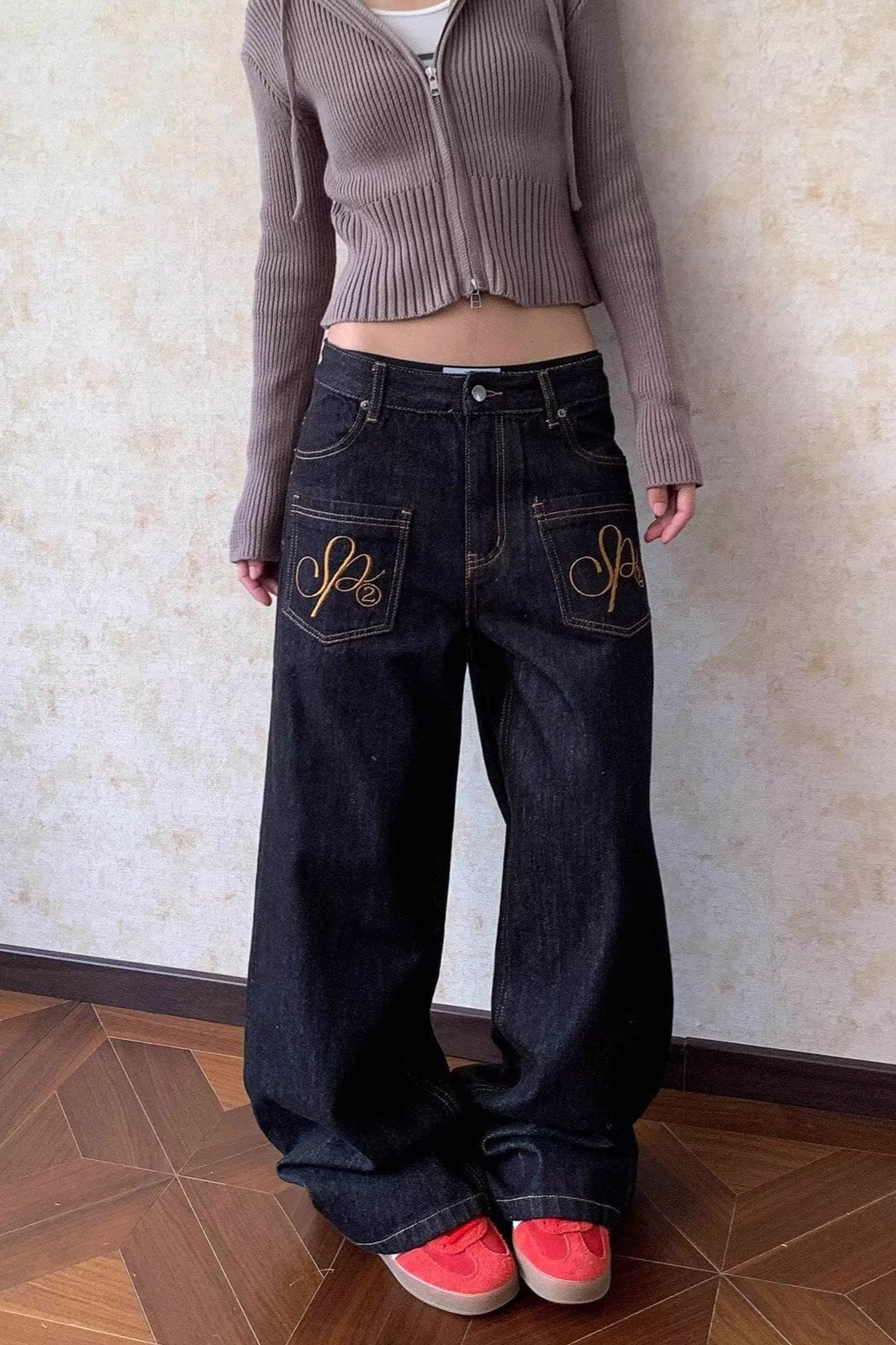Embroidered Washed Curved Leg Wide Jeans
