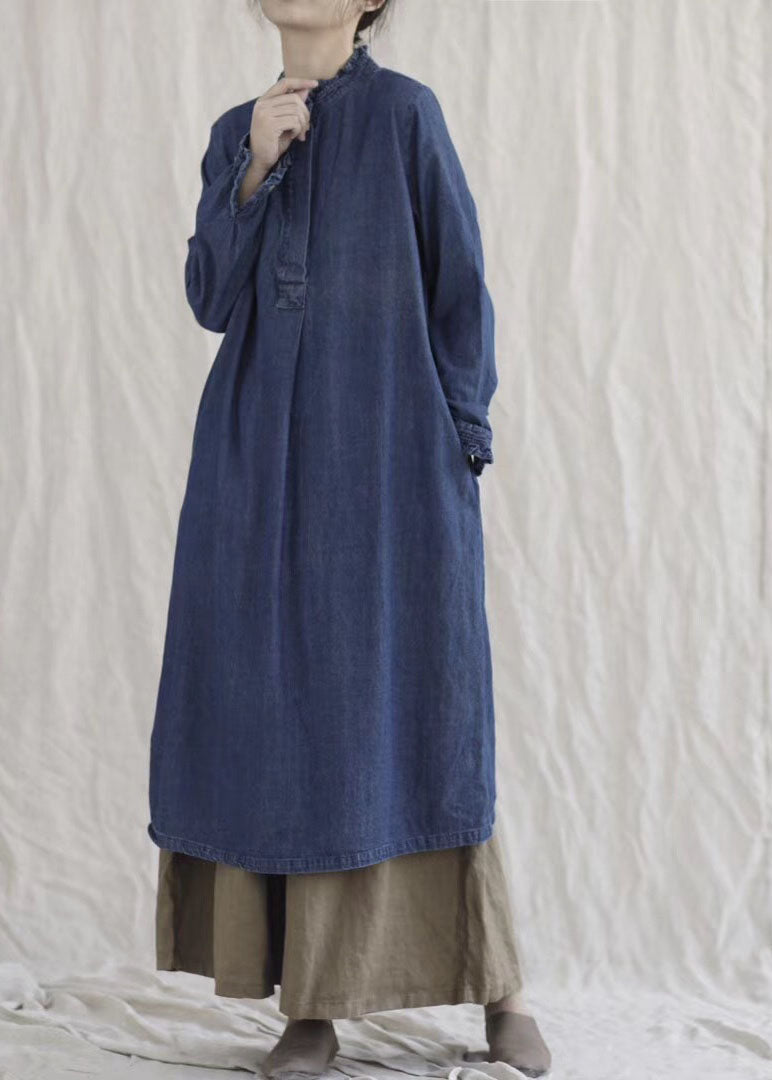Ruffle Collar Cuff Long Sleeve Denim Button Front Midi Dress