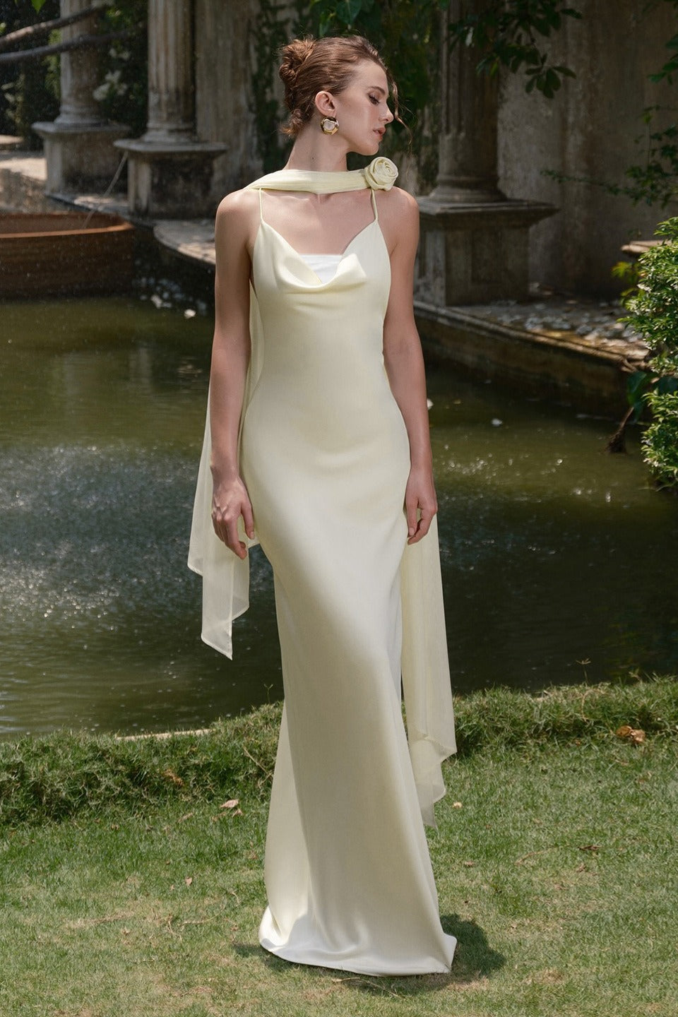 Satin Cowl Neck Spaghetti Strap Rosette Maxi Dress