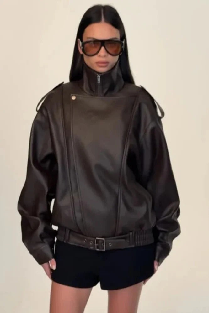 Stand Collar Zip Up Leather Jacket