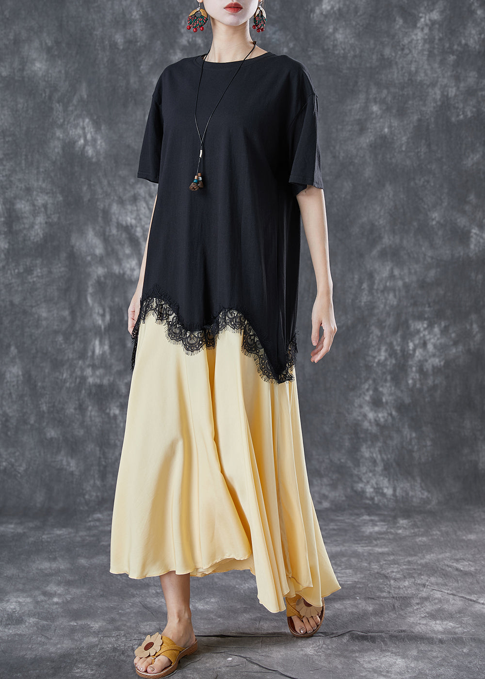 Faux Two Piece Scalloped Lace Trim Pleated A-Line Midi Dress - View 3