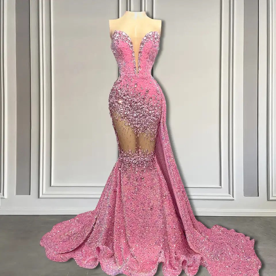 Glamorous V-Neck Sequins Prom Dresses Mermaid Sleeveless Crystal - Fashionpara