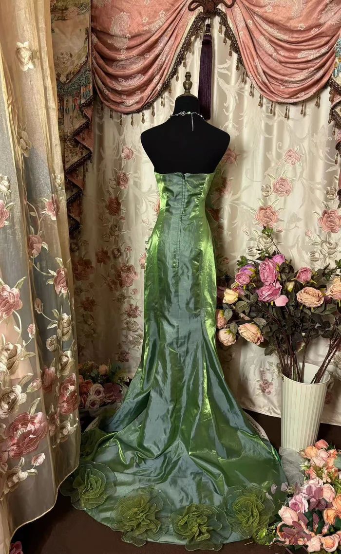 Vintage Green Strapless Satin Tulle Layered Ruffle Mermaid Long Prom Dress Evening Gown - Fashionpara