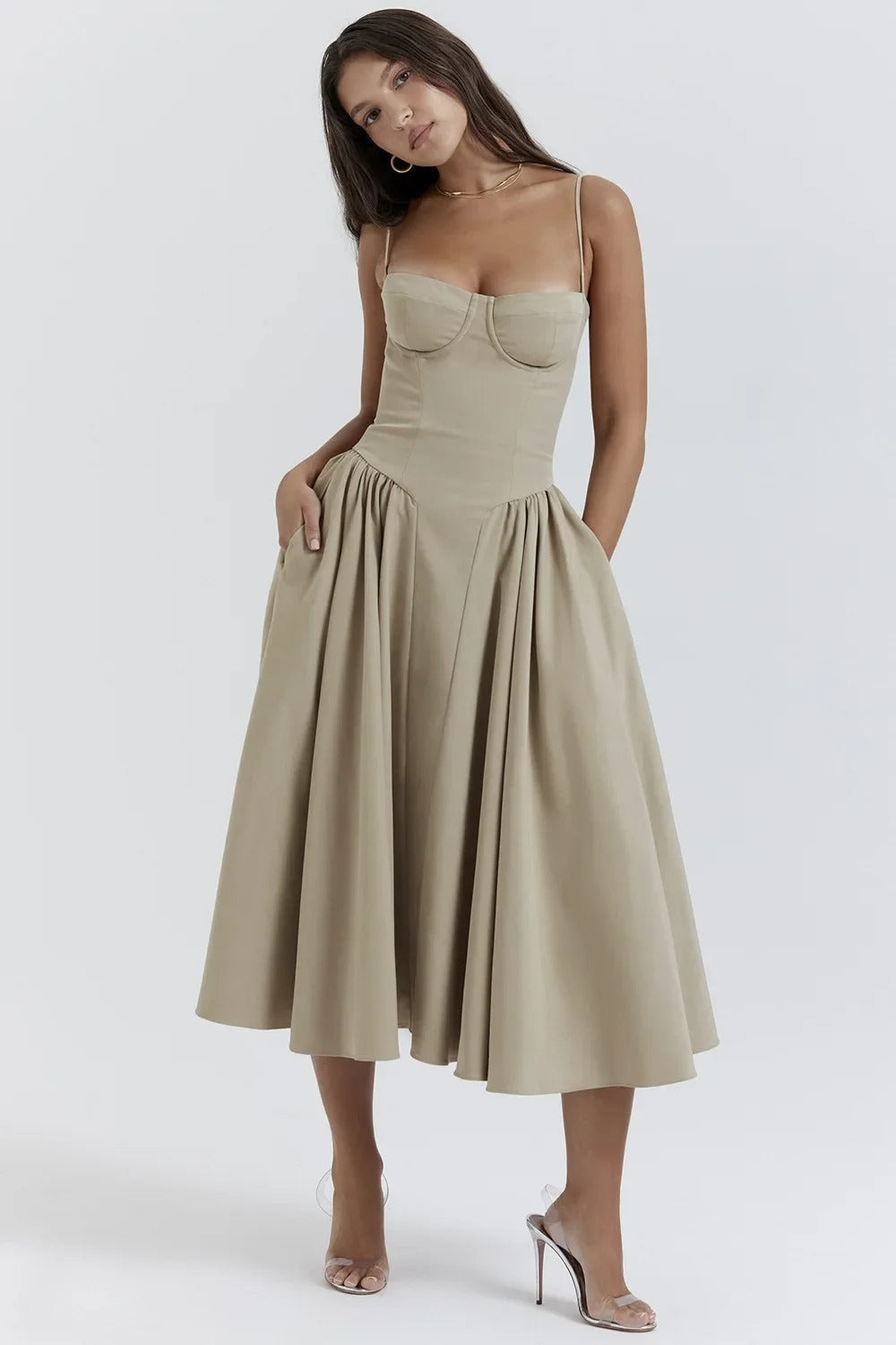 Spaghetti Strap Corset Bodice Pleated Fit and Flare Midi Dress 29