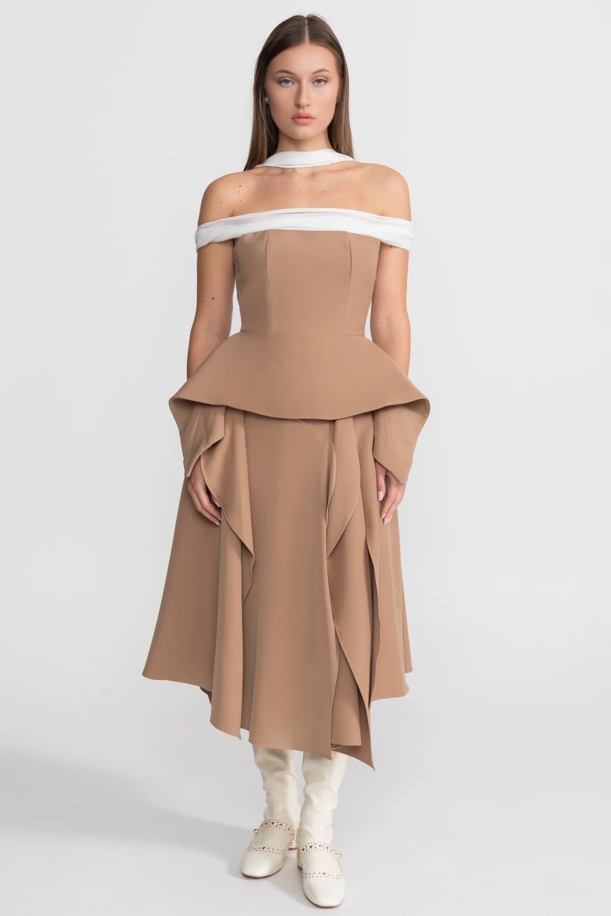 Off Shoulder Contrast Trim Peplum Draped Asymmetric Midi Dress