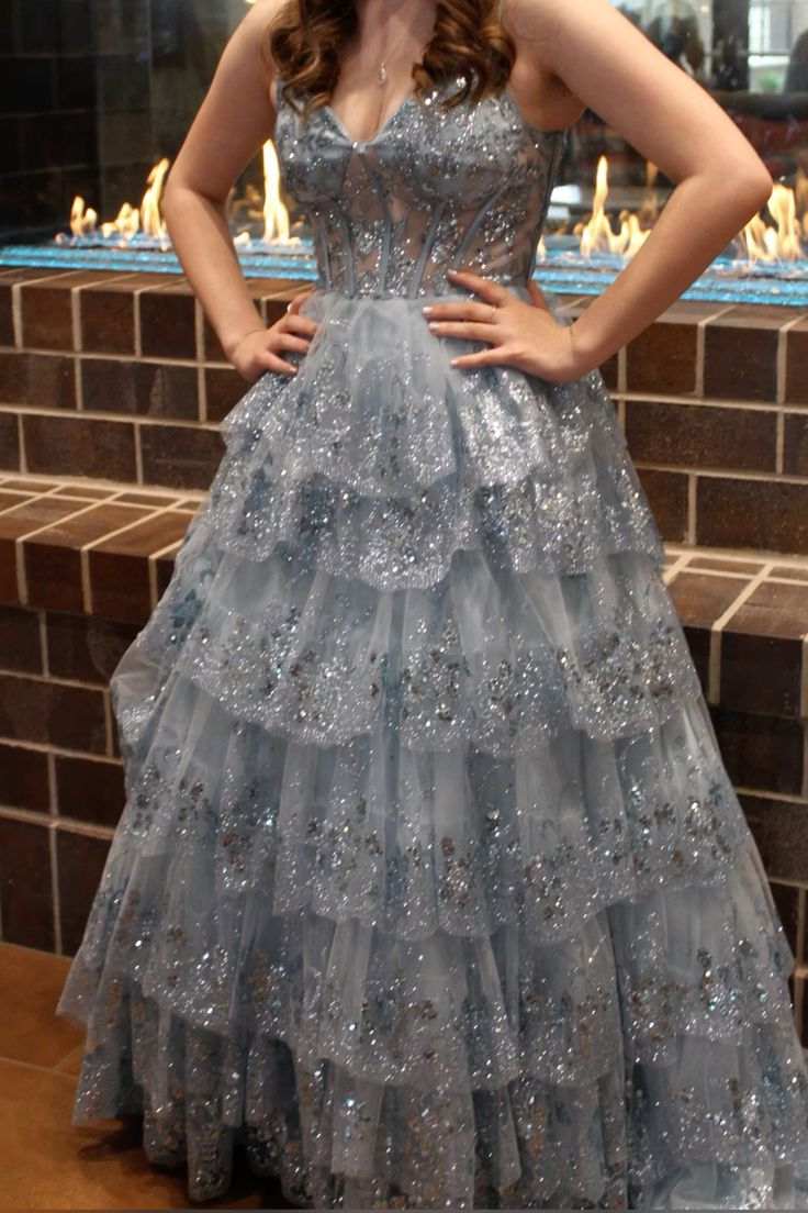 Glitter Blue Tulle Sequin Layered Ball Gown Long Birthday Party Dress D1415