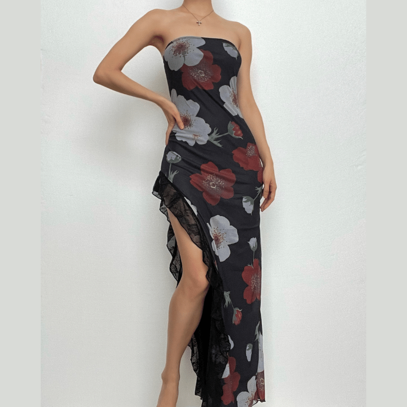 Floral Print Strapless High Split Ruffle Lace Trim Maxi Dress