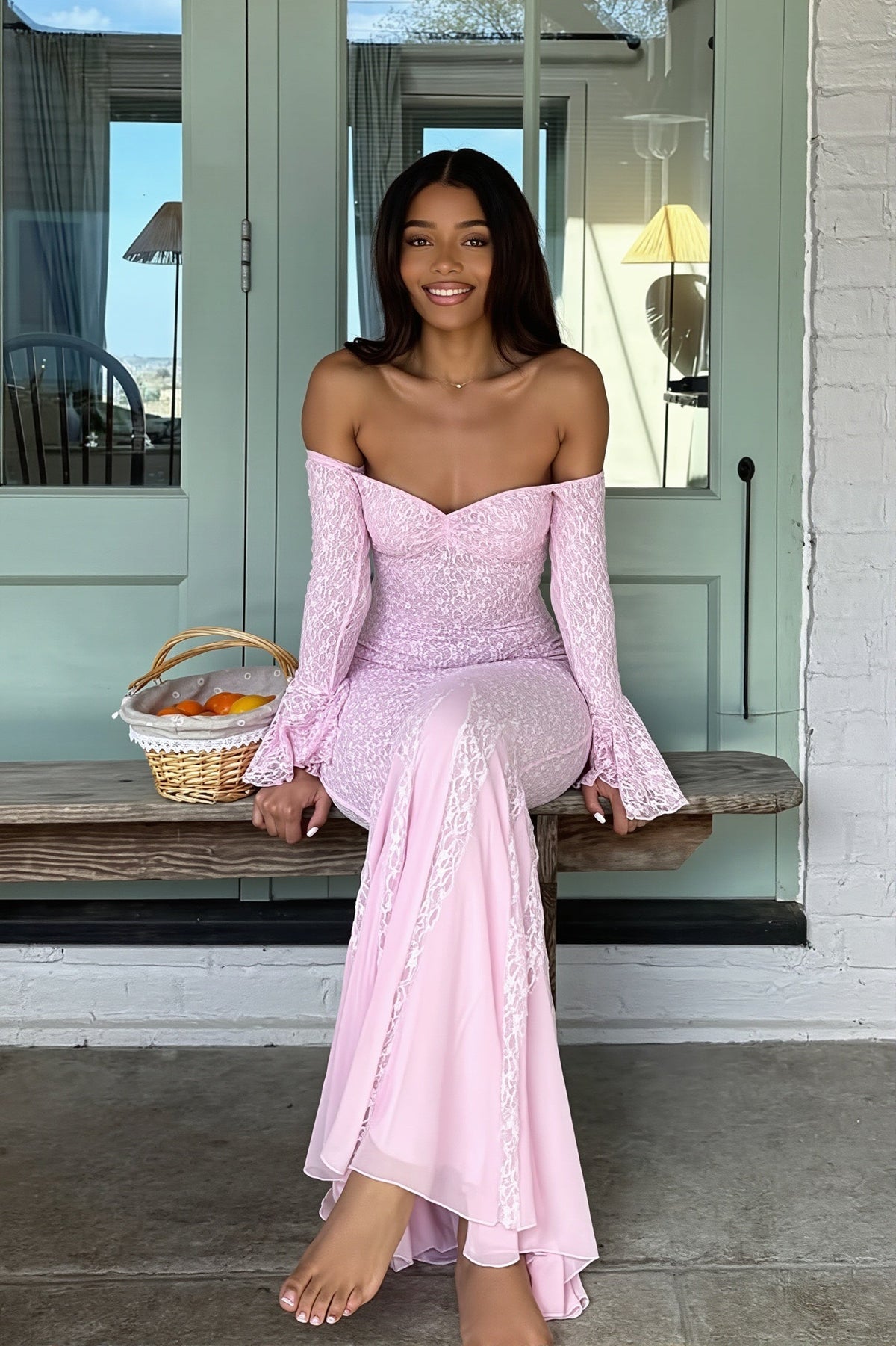 Lace Off Shoulder Long Sleeve Fishtail Maxi Dress